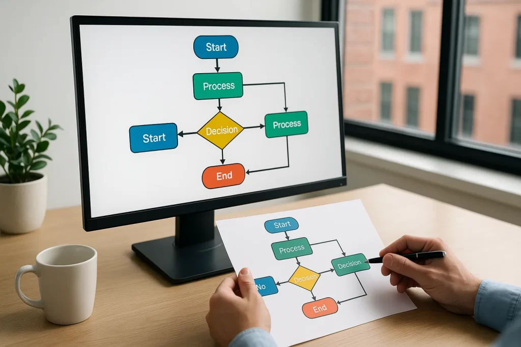 Persona analizando un diagrama de workflows en la pantalla de su ERP, con un flujo de tareas y decisiones que simboliza la automatización de procesos empresariales.