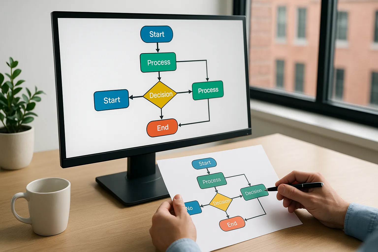 Persona analizando un diagrama de workflows en la pantalla de su ERP, con un flujo de tareas y decisiones que simboliza la automatización de procesos empresariales.